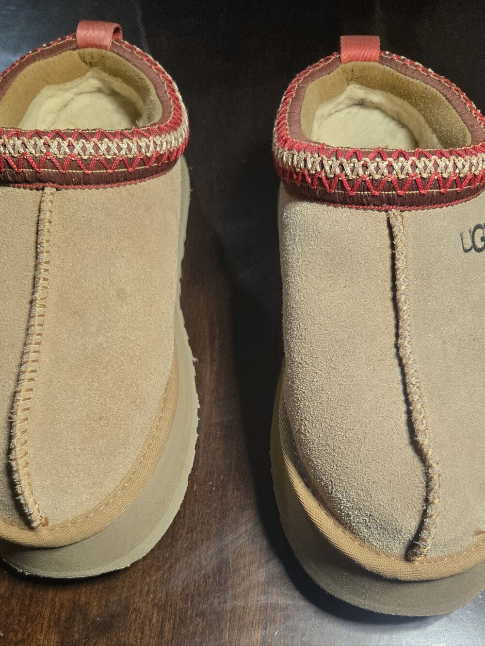 UGG Kids Tan Suede Slip-Ons with Red Accent